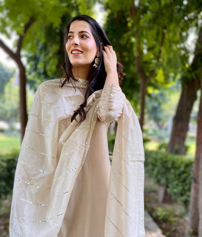 FAWN MIRROR WORK CHANDERI DUPATTA KURTA SET