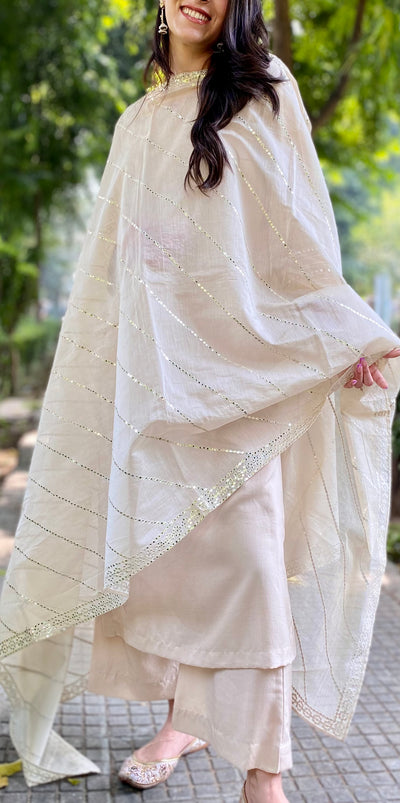 FAWN MIRROR WORK CHANDERI DUPATTA KURTA SET