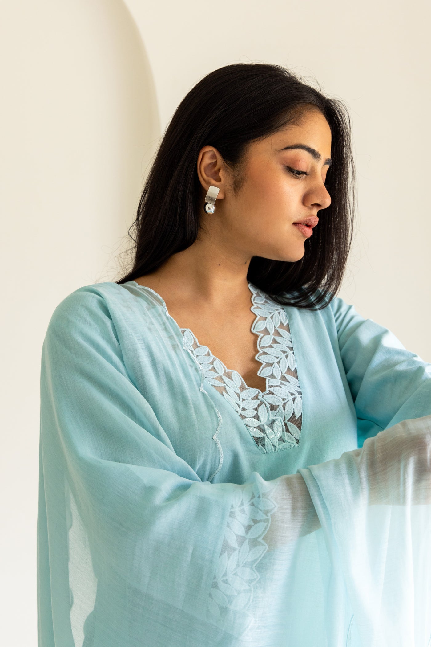 Powder blue cotton scalloped patchwork dupatta kurta set