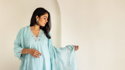 Powder blue cotton scalloped patchwork dupatta kurta set