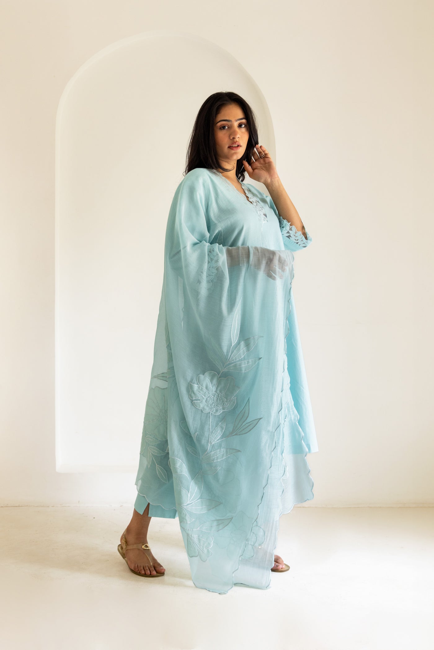 Powder blue cotton scalloped patchwork dupatta kurta set