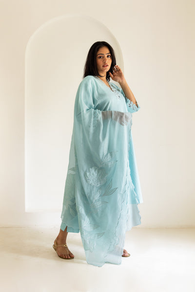 Powder blue cotton scalloped patchwork dupatta kurta set