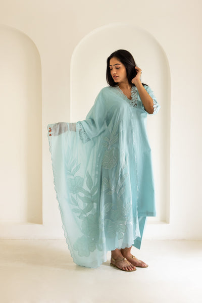 Powder blue cotton scalloped patchwork dupatta kurta set