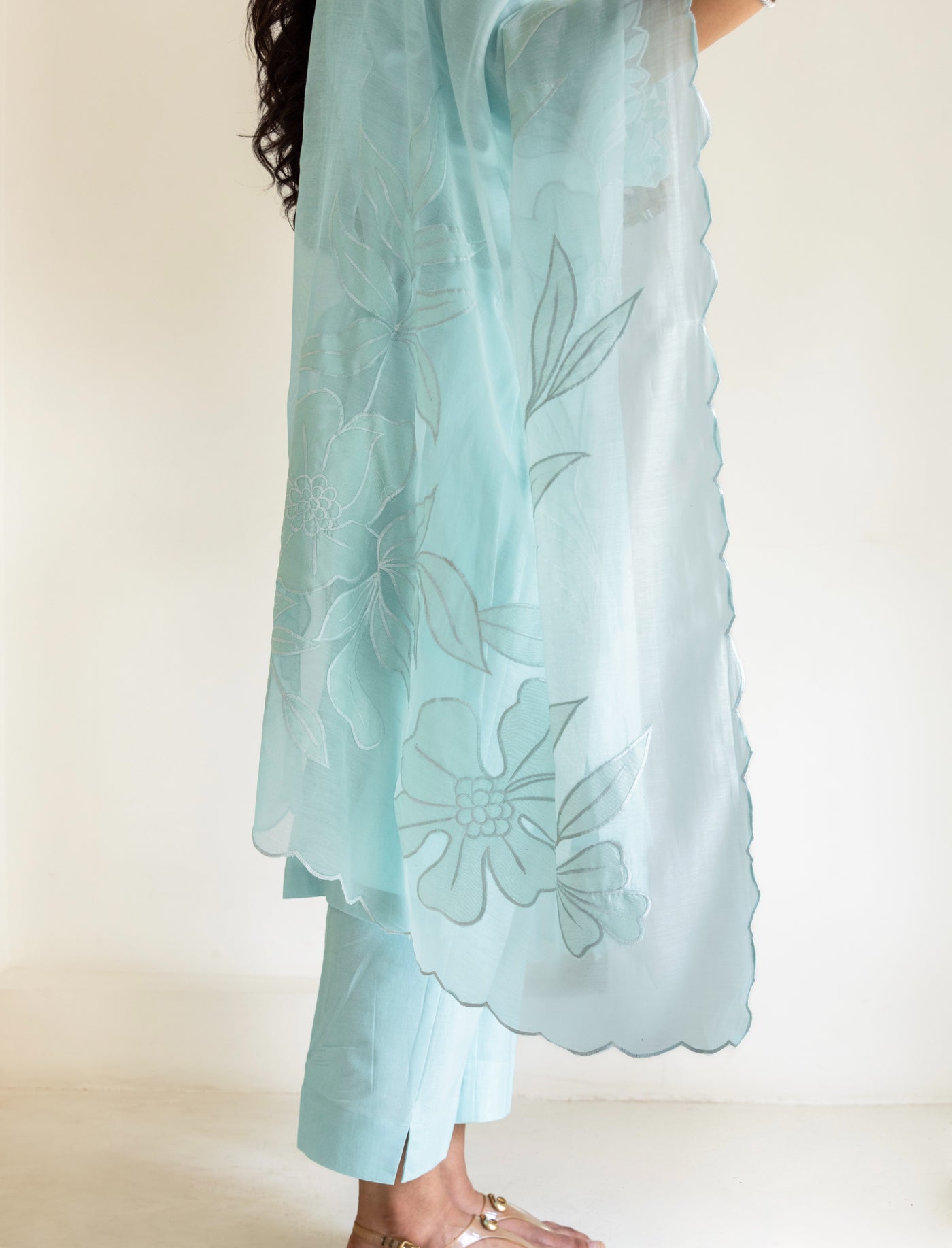 Powder blue cotton scalloped patchwork dupatta kurta set