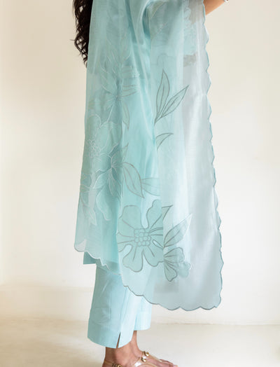 Powder blue cotton scalloped patchwork dupatta kurta set