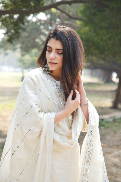 OFFWHITE COTTON MIRROR WORK DUPATTA KURTA SET