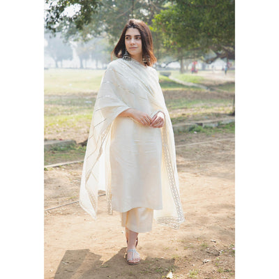OFFWHITE COTTON MIRROR WORK DUPATTA KURTA SET