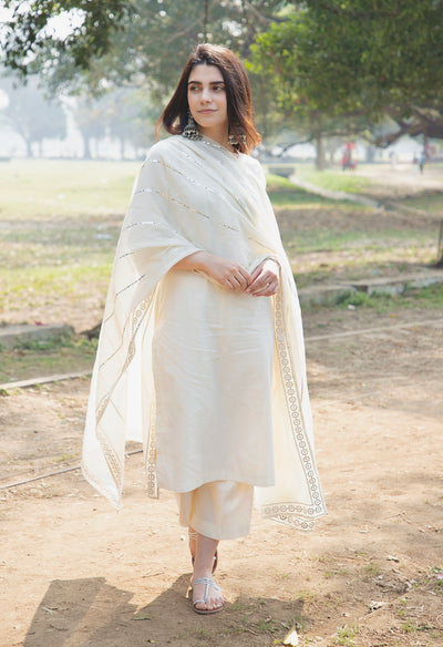 OFFWHITE COTTON MIRROR WORK DUPATTA KURTA SET