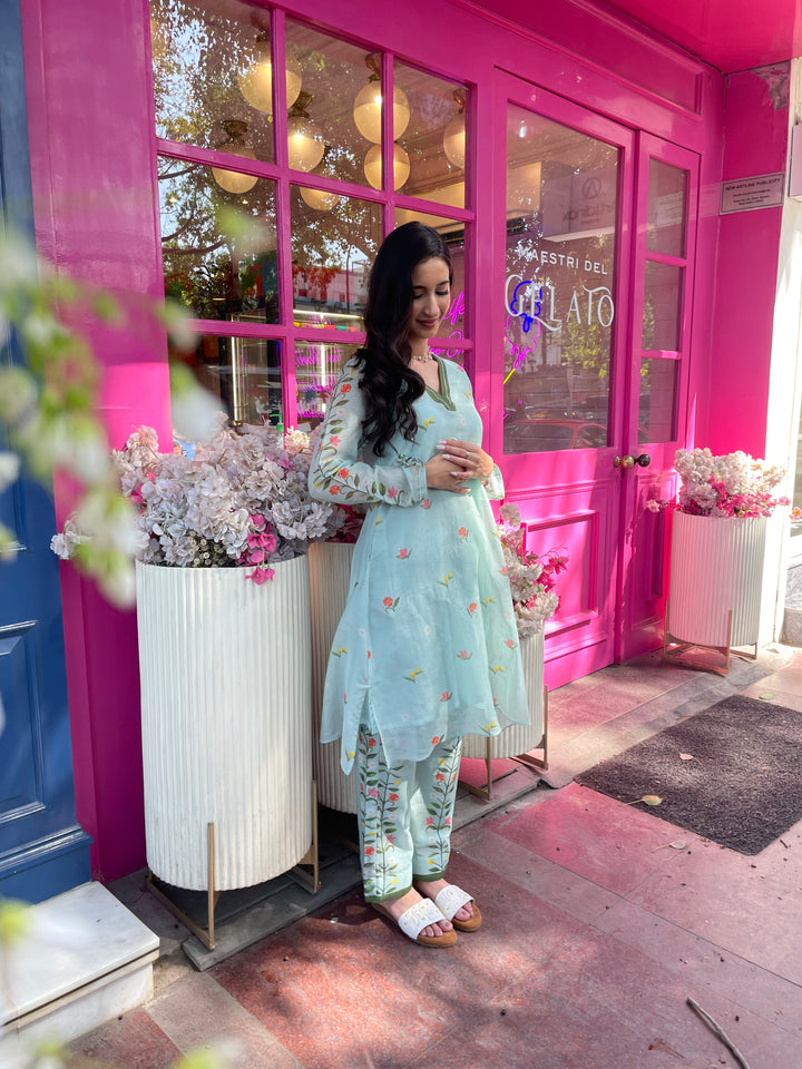 PEONY ICE BLUE V-NECK PRINTED COORD SET