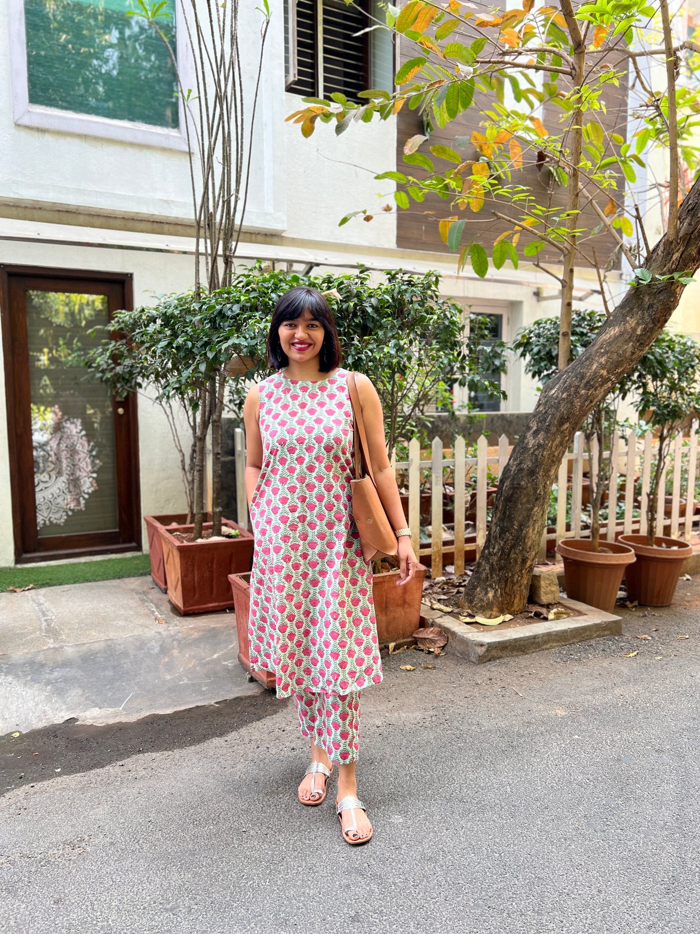 BLOSSOM PINK GREEN HANDBLOCK PRINTED COTTON KURTA SET