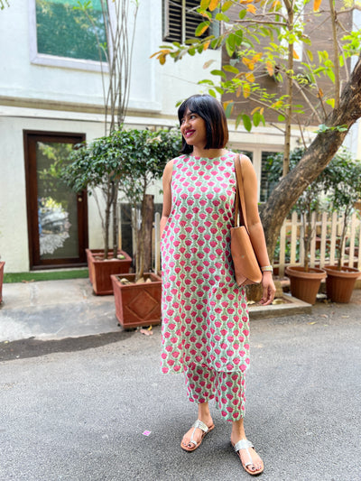 BLOSSOM PINK GREEN HANDBLOCK PRINTED COTTON KURTA SET