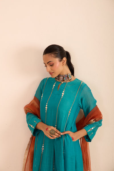 Turquoise Hand Embroidered Mirror work Silk Chanderi Suit Set