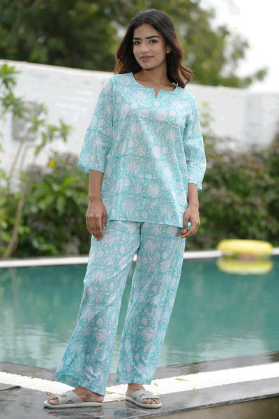 SootiSyahi 'Blue Cotton Candy' Block Printed Night suit