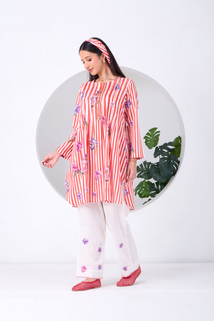 Red Striped Pansy Kurta Set