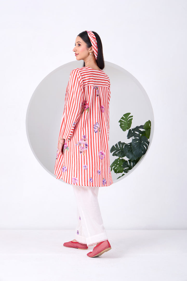 Red Striped Pansy Kurta Set
