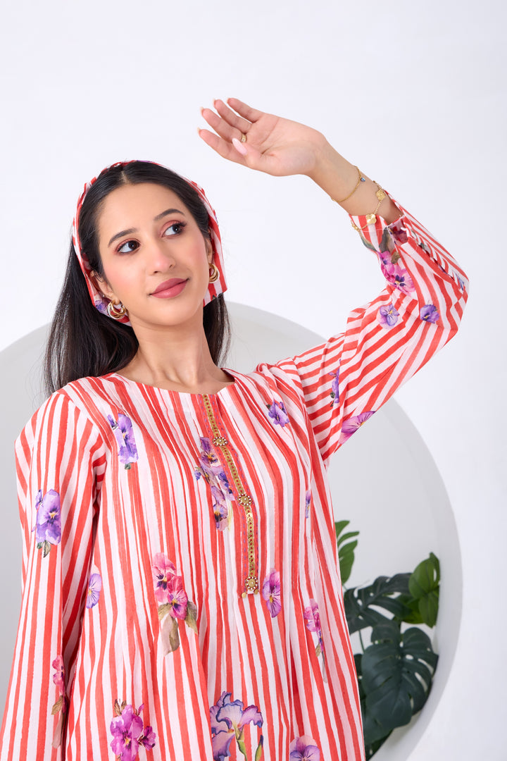 Red Striped Pansy Kurta Set