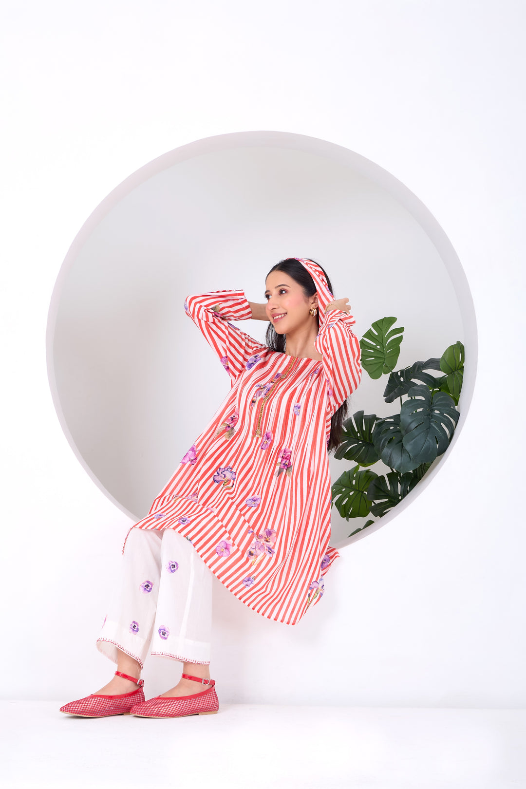 Red Striped Pansy Kurta Set