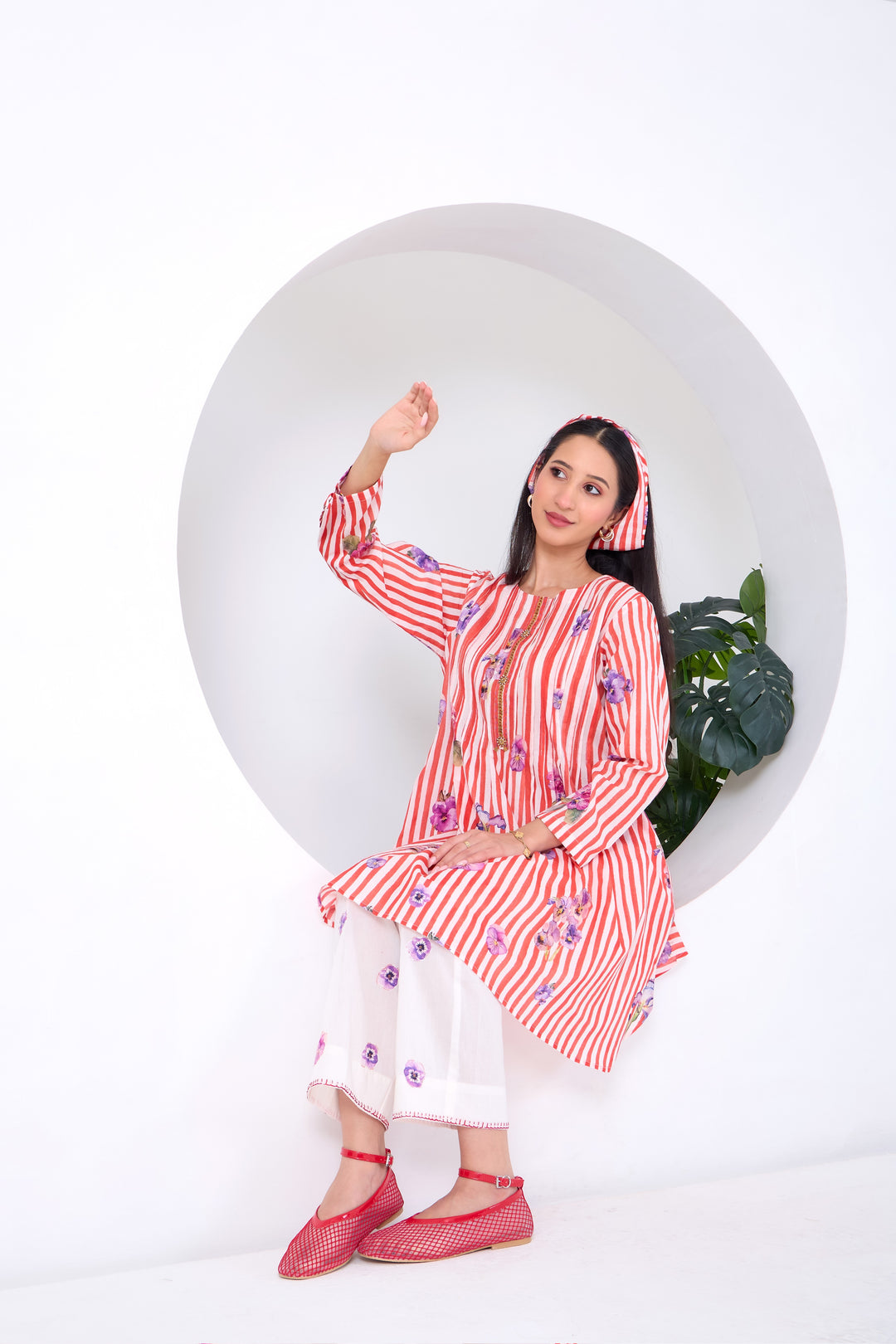 Red Striped Pansy Kurta Set