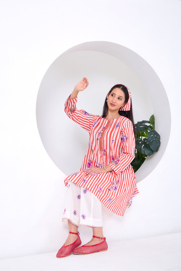 Red Striped Pansy Kurta Set