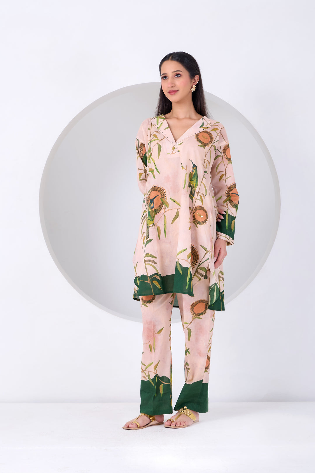 Peach Montane Bird Kurta Set
