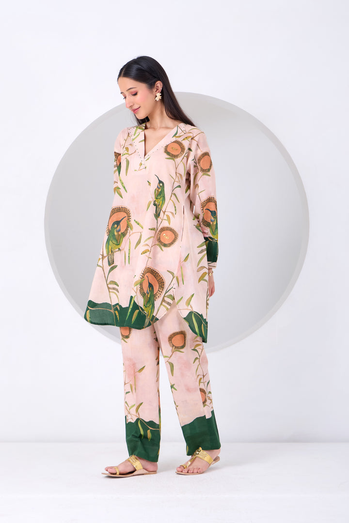 Peach Montane Bird Kurta Set