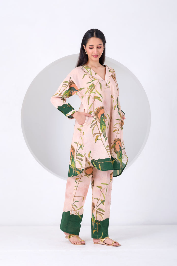 Peach Montane Bird Kurta Set