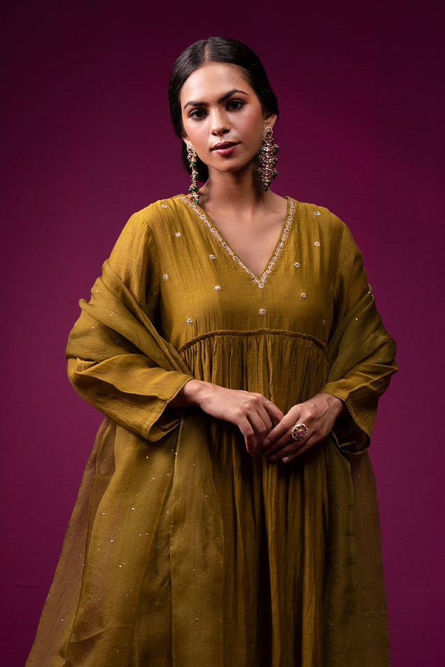 Jaitooni Front Gather Hand Embroidered Kajri Kurta Set - Set of 2