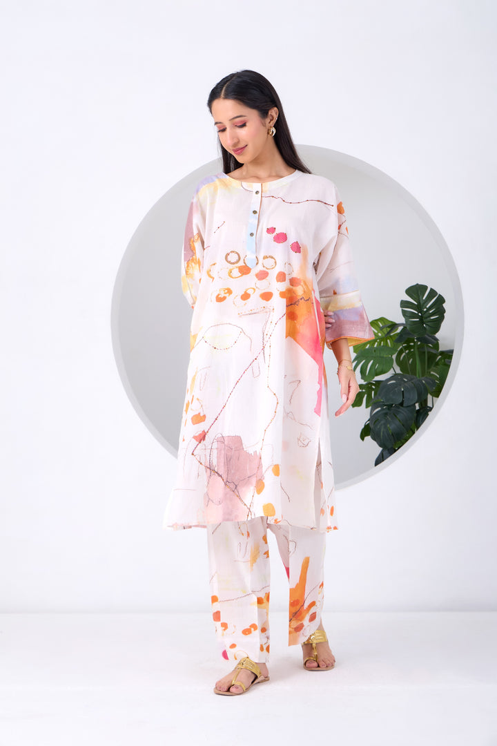 White Abstract Kurta Set