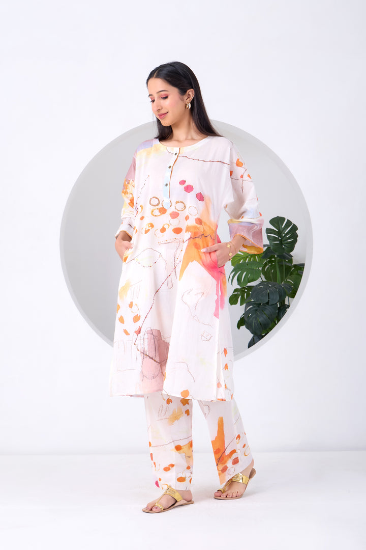 White Abstract Kurta Set