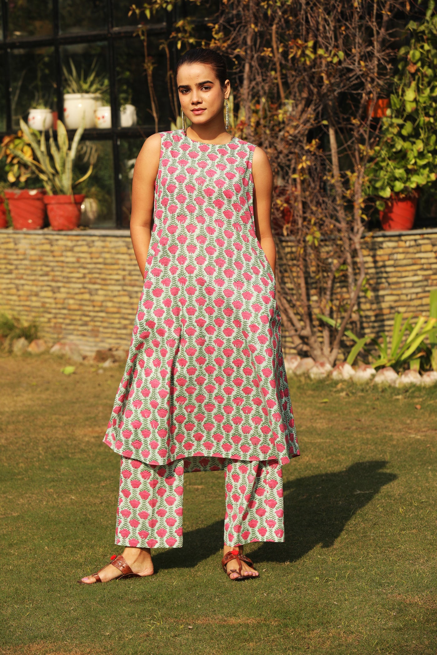 BLOSSOM PINK GREEN HANDBLOCK PRINTED COTTON KURTA SET