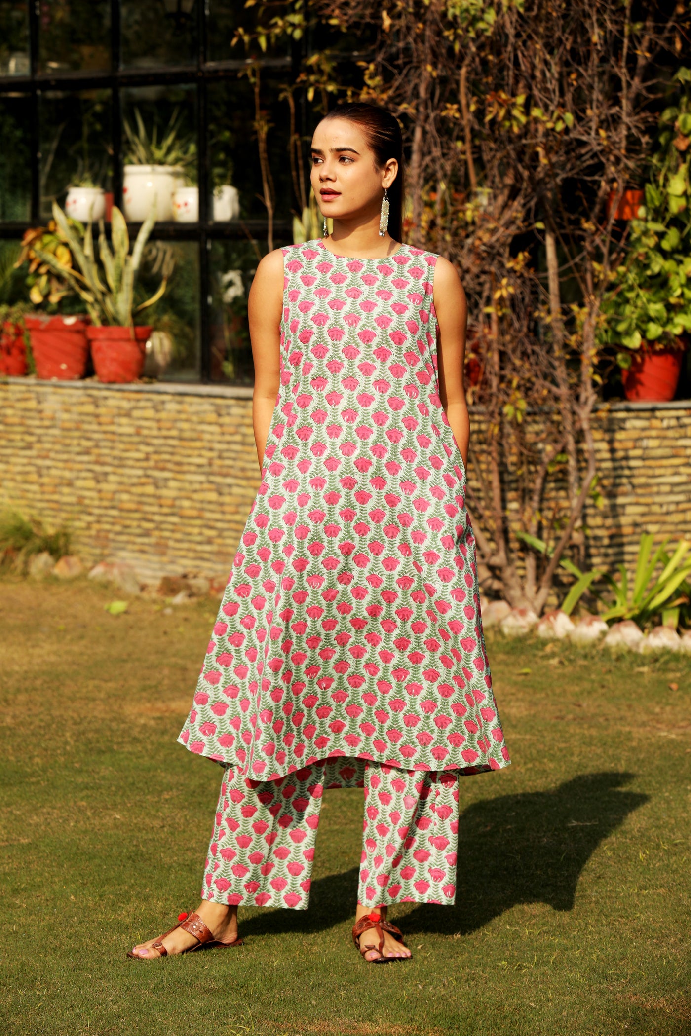 BLOSSOM PINK GREEN HANDBLOCK PRINTED COTTON KURTA SET