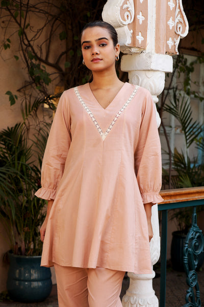 BLUSH BEIGE COTTON MONOCHROME KALIDAR KURTA SET