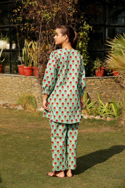 GREEN HAND BLOCK PRINTED COTTON COORD SET