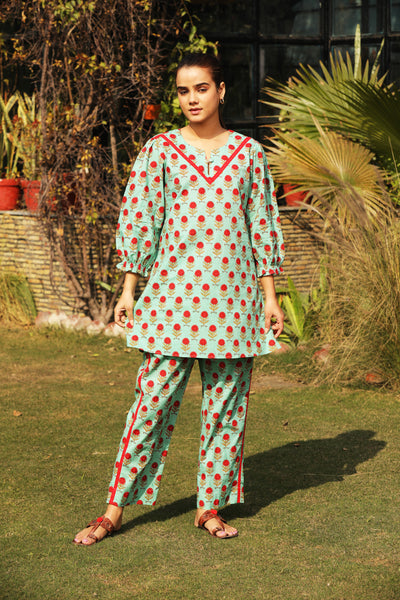 GREEN HAND BLOCK PRINTED COTTON COORD SET