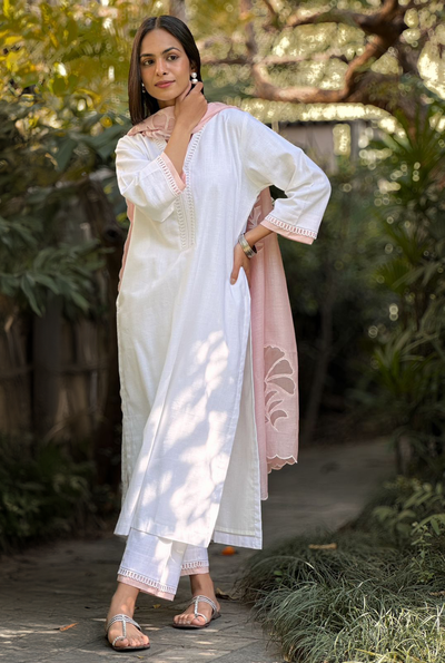 WHITE COTTON LINEN CUTWORK CHANDERI DUPATTA KURTA SET