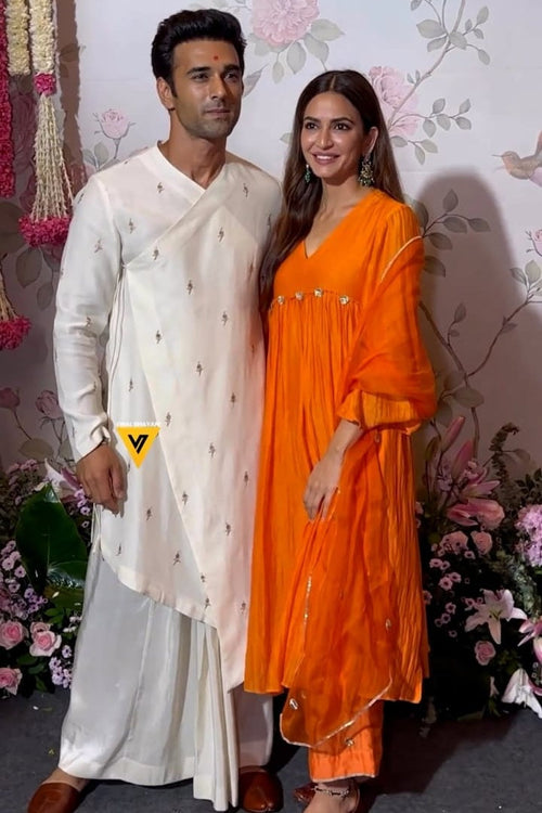 Orange Gota work Chanderi Suit Set with Organza Dupatta - Set of 3