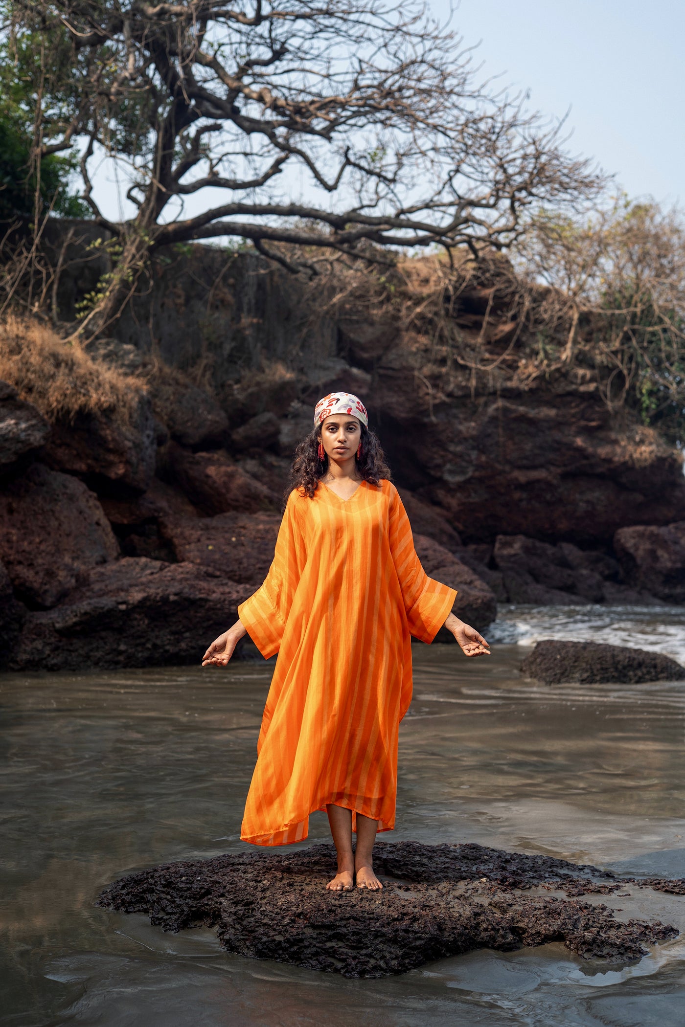 Angela Orange Striped Kaftan Set