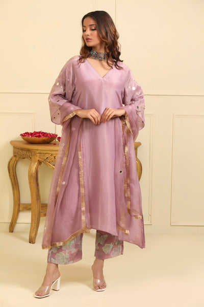 Lavender Mirror Work Silk Tissue Suit Set