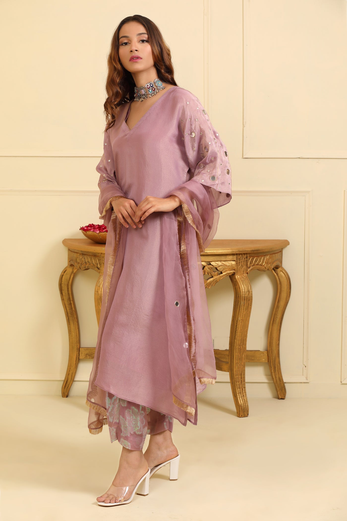 Lavender Mirror Work Silk Tissue Suit Set