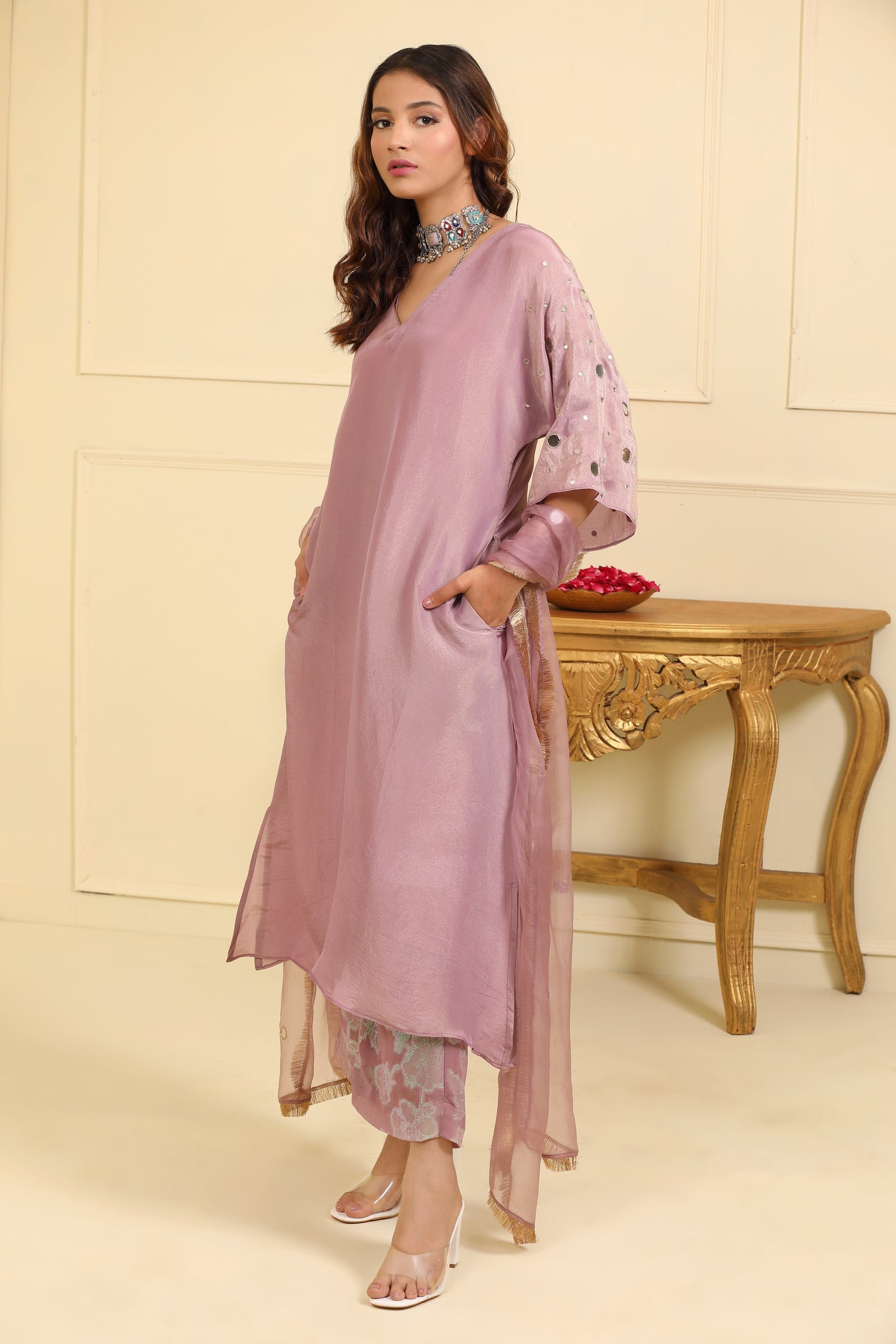 Lavender Mirror Work Silk Tissue Suit Set