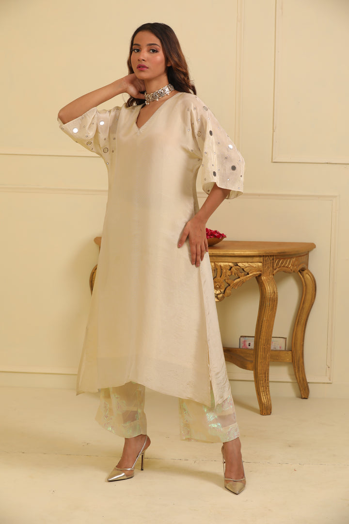 Ivory Mirror Work Kurta Set with Jacquard Georgette Pant and Organza Dupatta