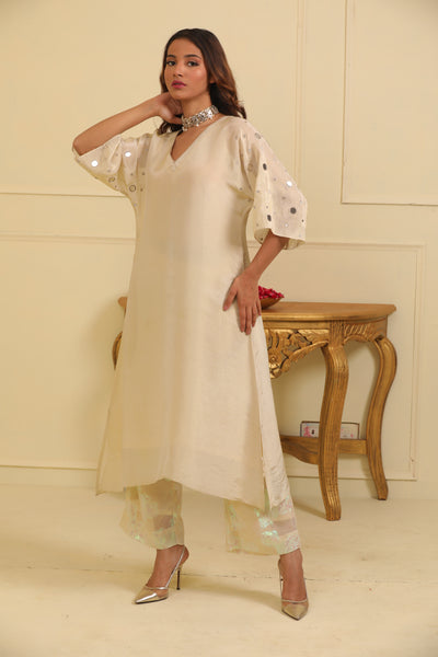 Ivory Mirror Work Kurta Set with Jacquard Georgette Pant and Organza Dupatta