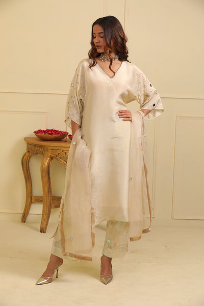 Ivory Mirror Work Kurta Set with Jacquard Georgette Pant and Organza Dupatta