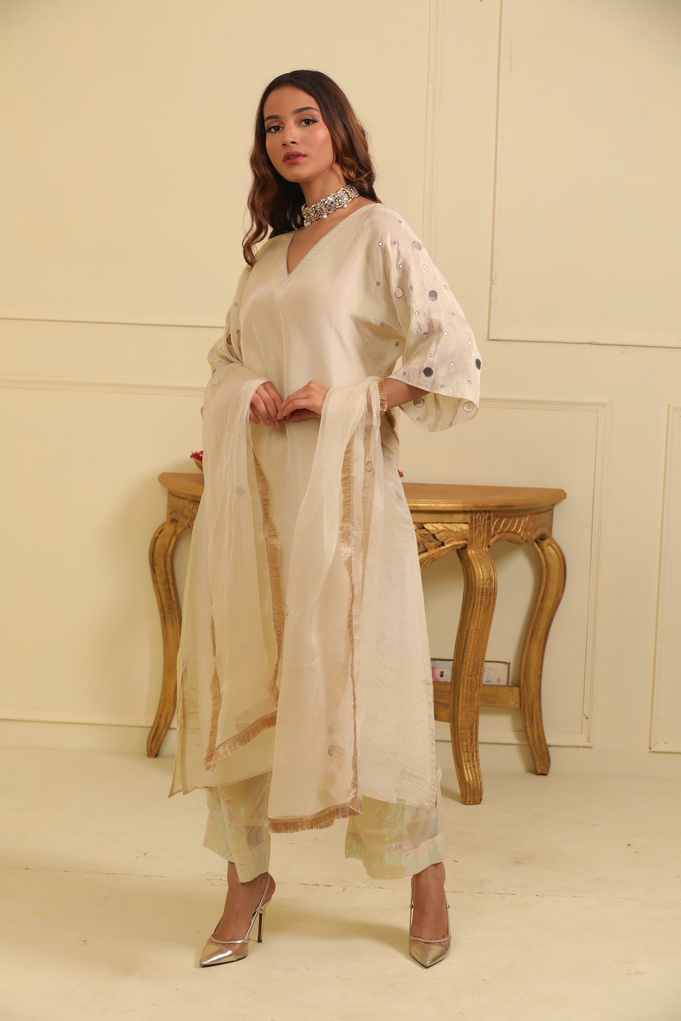 Ivory Mirror Work Kurta Set with Jacquard Georgette Pant and Organza Dupatta