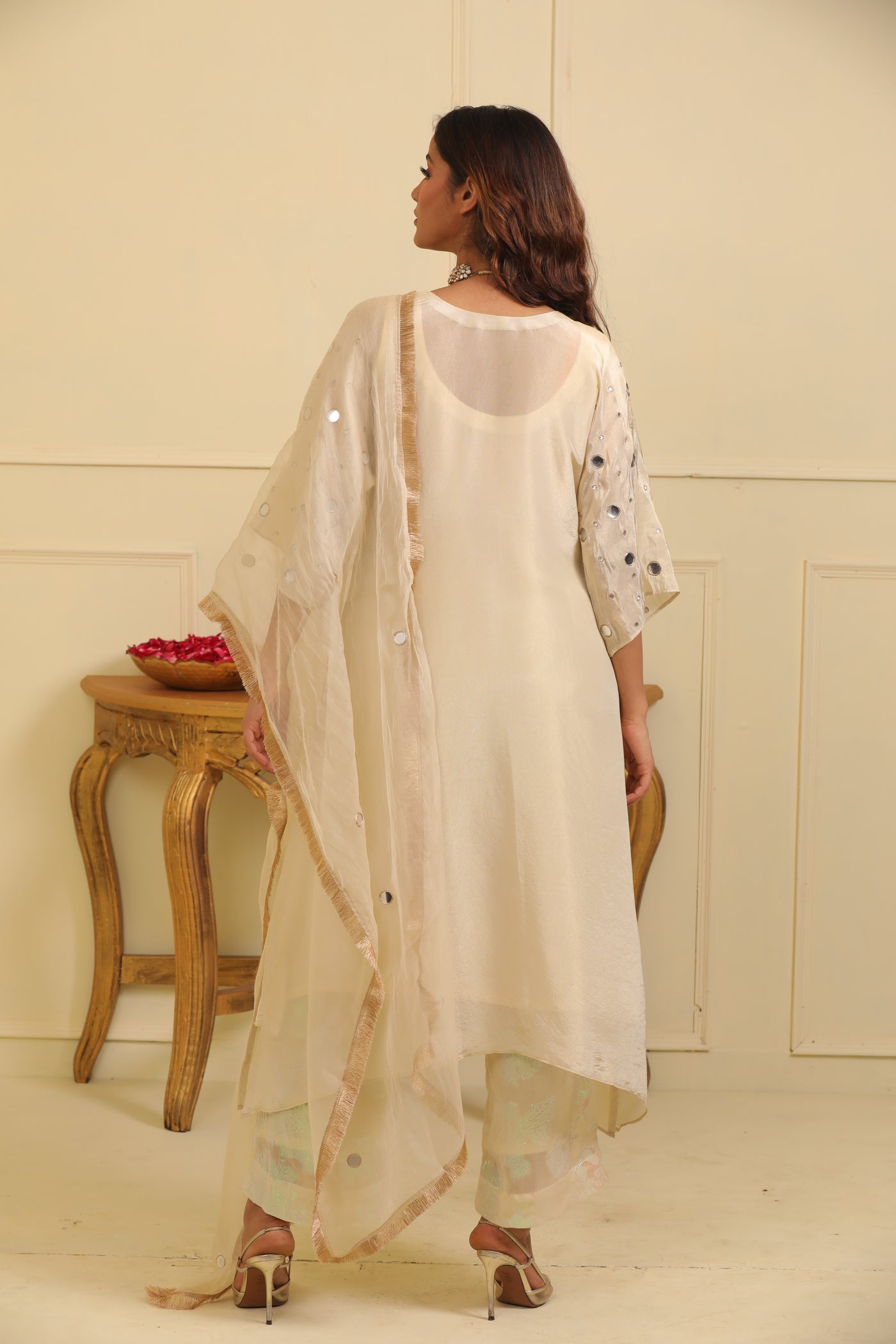 Ivory Mirror Work Kurta Set with Jacquard Georgette Pant and Organza Dupatta