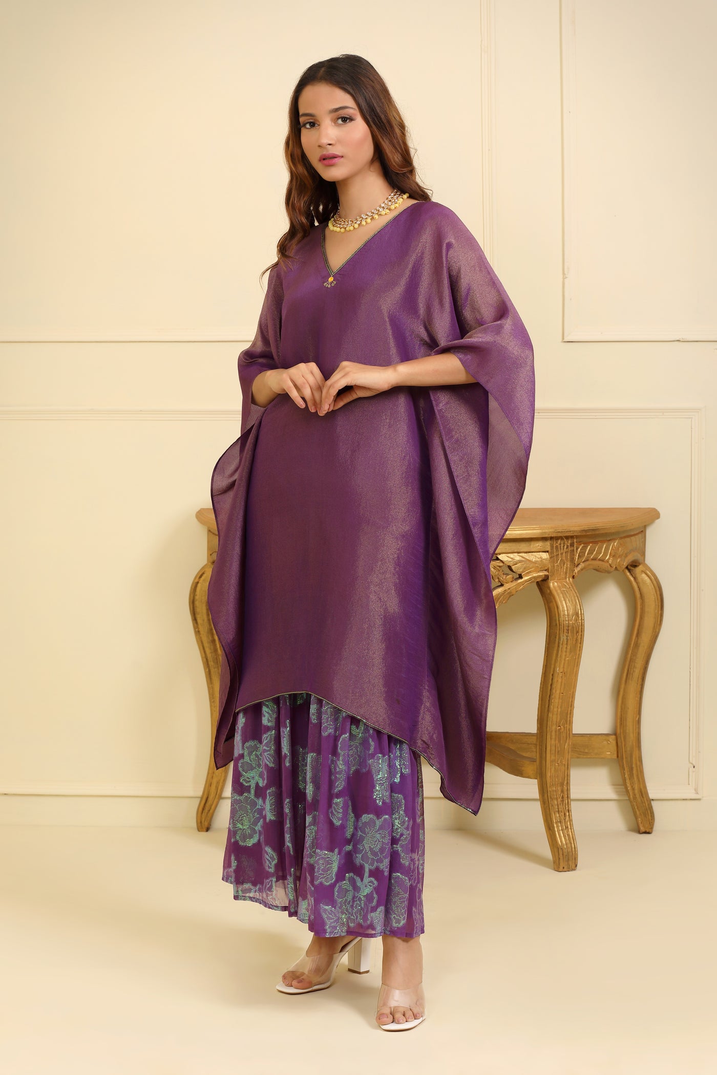 Purple Hand Embroidered silk tissue Kaftan Set with Organza Dupatta