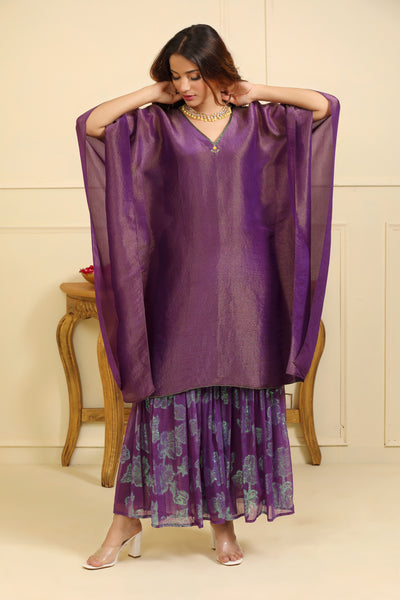 Purple Hand Embroidered silk tissue Kaftan Set with Organza Dupatta