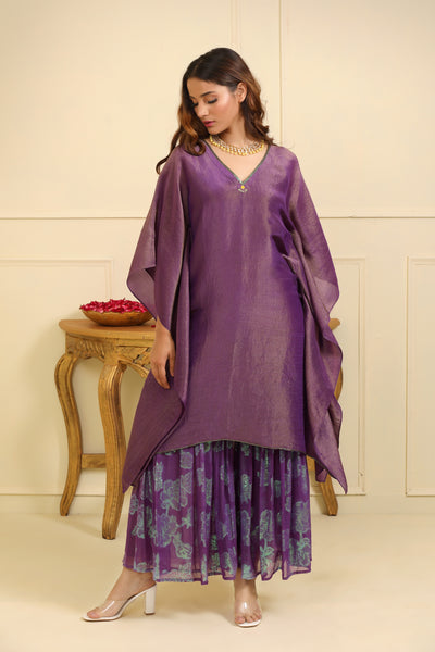 Purple Hand Embroidered silk tissue Kaftan Set with Organza Dupatta