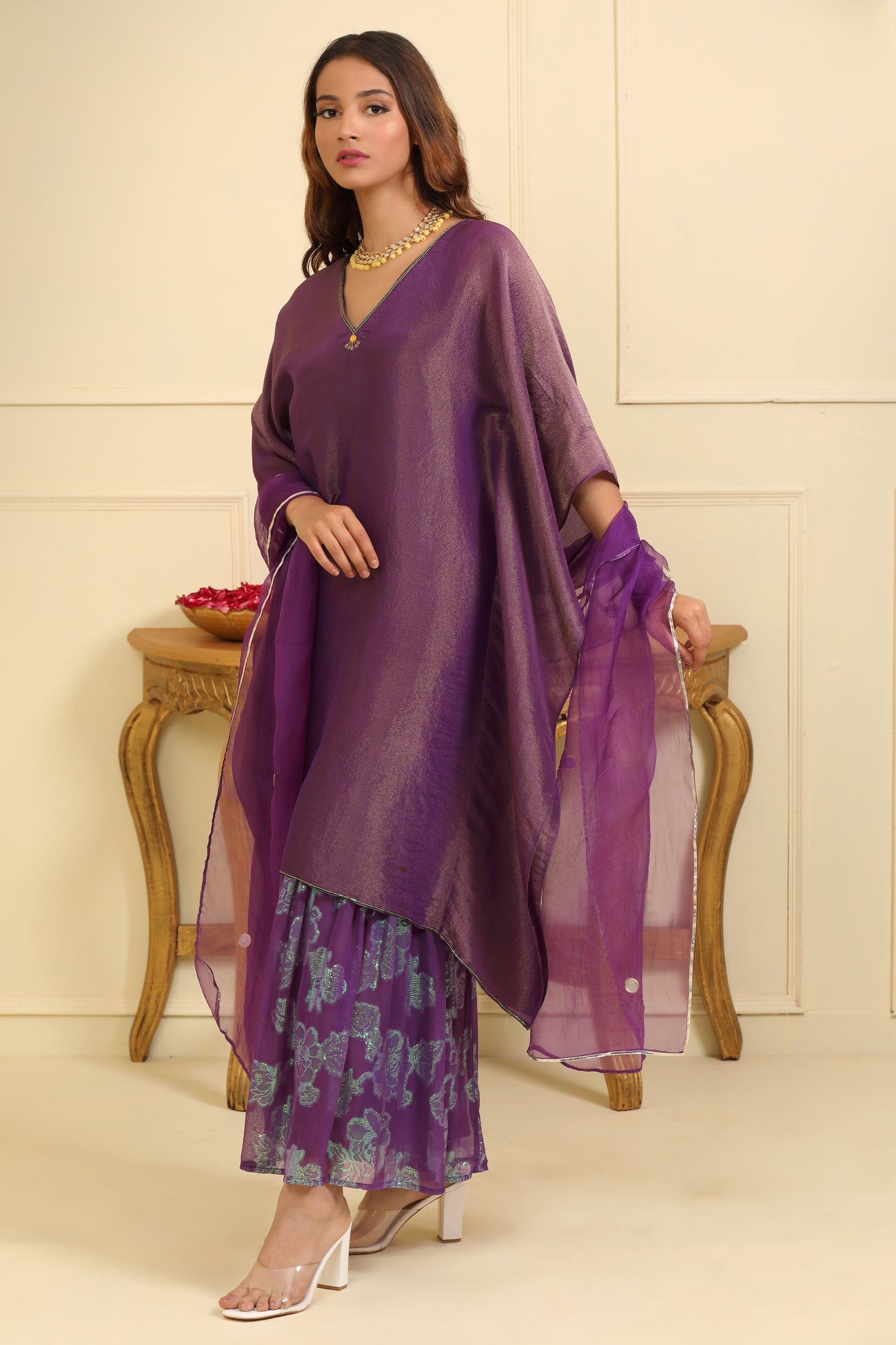 Purple Hand Embroidered silk tissue Kaftan Set with Organza Dupatta