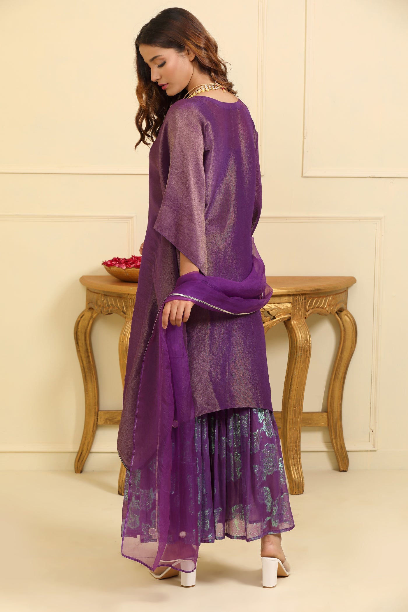 Purple Hand Embroidered silk tissue Kaftan Set with Organza Dupatta